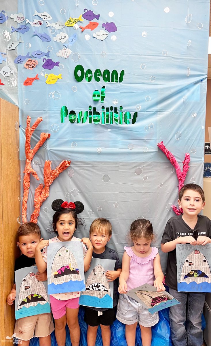 MDPLS's tweet photo. They’re ready for shark week! The kids used recycled newspapers and their creativity to make these jaw-some sharks during Craft Club at the Sunset Branch Library. #MDPLSSummerReading #OceansOfPossibilities https://t.co/cwyz1qX05W