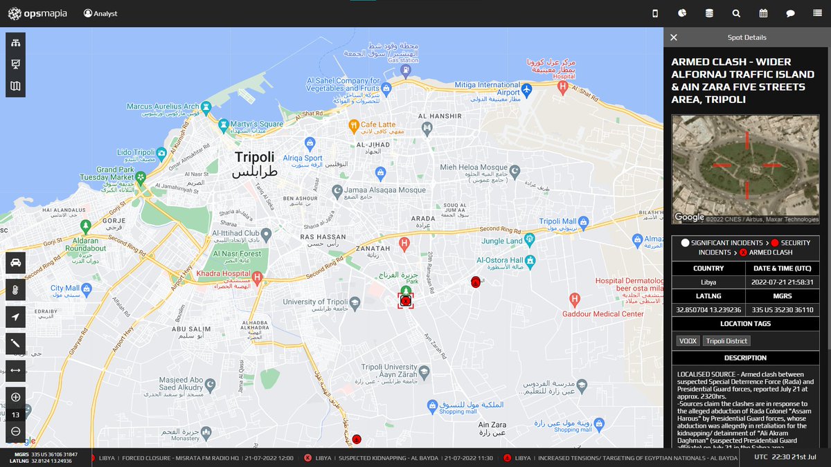 OpsmapiaLibya's tweet photo. Armed clashes reported now in the wider Alfornaj Traffic Island &amp; Ain Zara Five Streets area #Tripoli between suspected Special Deterrence Force (Rada) and Presidential Guard forces https://t.co/IGnJPSfJ4s