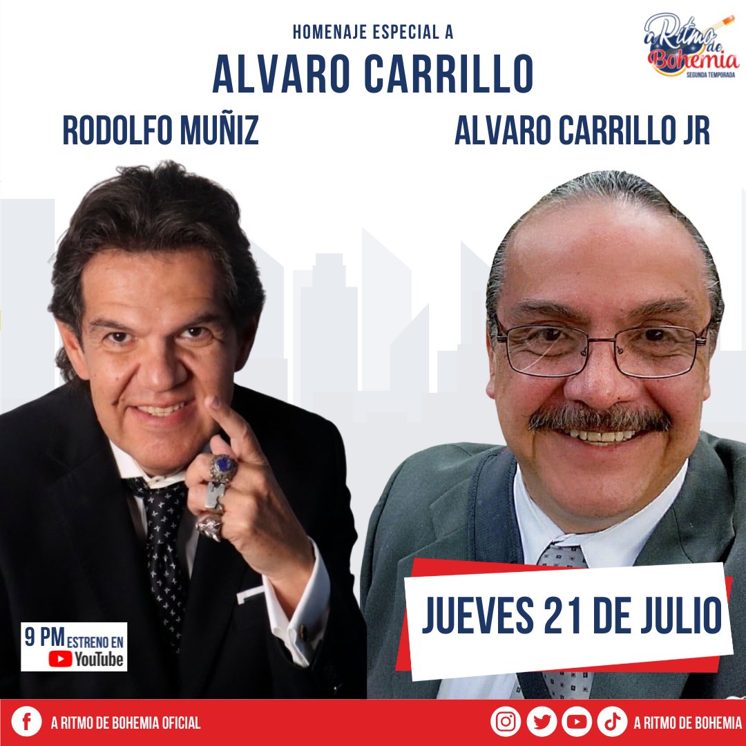 🎤 Este jueves A RITMO DE BOHEMIA rendirá homenaje al Maestro ÁLVARO CARRILLO con grandes invitados #AlvaroCarrilloJr y Rodolfo Muñiz ⏰ 9 pm (hora CDMX 🇲🇽) 📲 Suscríbete a nuestro canal de YouTube y activa la campanita aquí 👇🏼👇🏼👇🏼 youtube.com/c/ARitmoDeBohe…