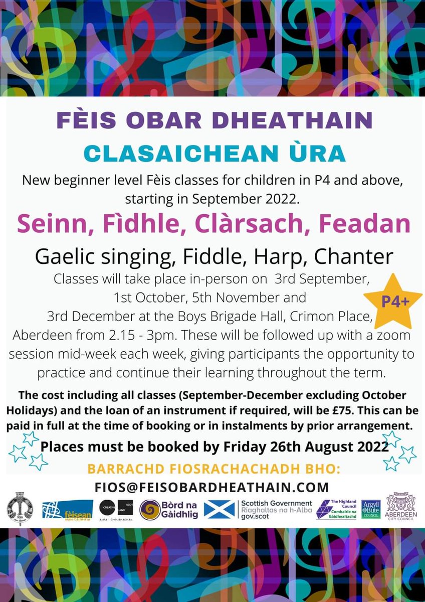 Tha sinn a’ cur fios thugaibh mu chlasaichean ùra a tha gu bhith tòiseachadh a dh’aithghearr, feuch gun glèidh sibh àite cho luath ‘s a ghabhas! 

Please see info about our new classes starting soon, make sure you book a place asap!  Email fios@feisobardheathain.com