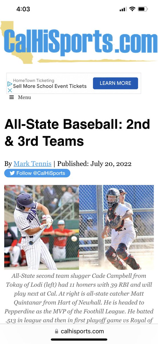 Tokays’ Cade Campbell was named to the Cal Hi Sports All State Second Team! Congratulations Cade!!