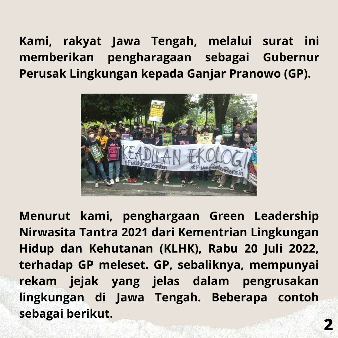 Wadas_Melawan's tweet photo. *Surat Ketetapan Rakyat Jawa Tengah*

*Perihal: Penghargaan Kepada Ganjar Pranowo sebagai Gubernur Perusak Lingkungan*
 
Kami, rakyat Jawa Tengah, melalui surat ini memberikan pengharagaan sebagai Gubernur Perusak Lingkungan kepada Ganjar Pranowo (GP). https://t.co/L9LeidXhRz