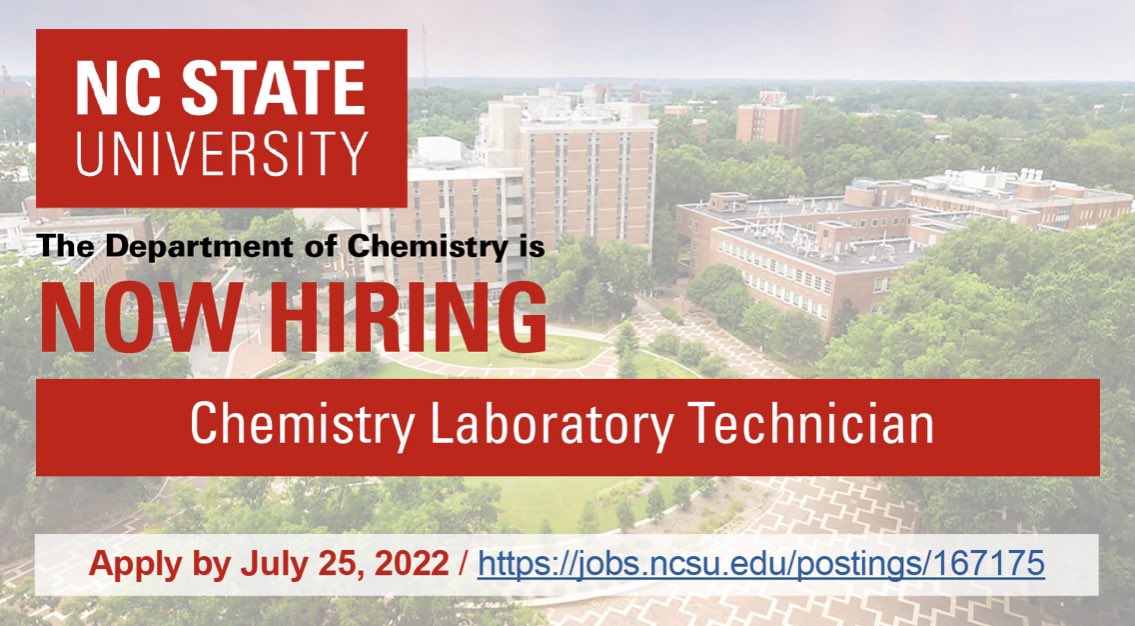 NCStateChem's tweet photo. We are hiring!!! If you’re interested in our Chemistry Laboratory Technician, check out the link below:
https://t.co/Cenv54kZdA
#ncstatechem
@NCState @NCStateSciences @NCStateChemGSA @NCStateProvost https://t.co/id3FI69lLH