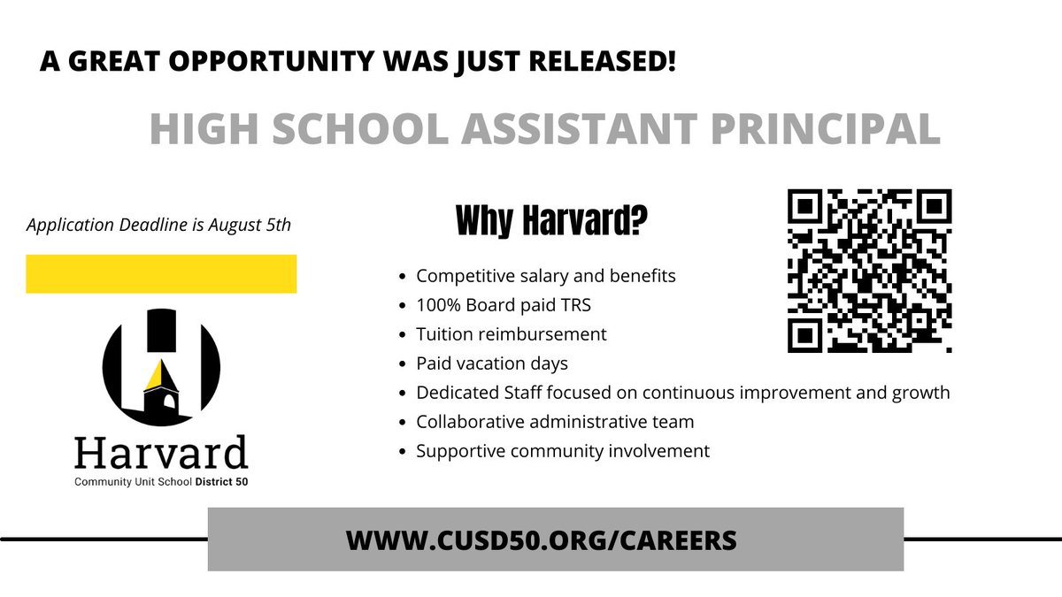 Harvard CUSD 50 Careers (@harvard50career) on Twitter photo Hot off the press! Harvard High School is looking for a 12-month Assistant Principal! Application deadline is August 5th. Come join <a href="/HarvardD50/">Harvard CUSD 50</a> today! #HarvardRising Hot off the press! Harvard High School is looking for a 12-month Assistant Principal! Application deadline is August 5th. Come join <a href="/HarvardD50/">Harvard CUSD 50</a> today! #HarvardRising