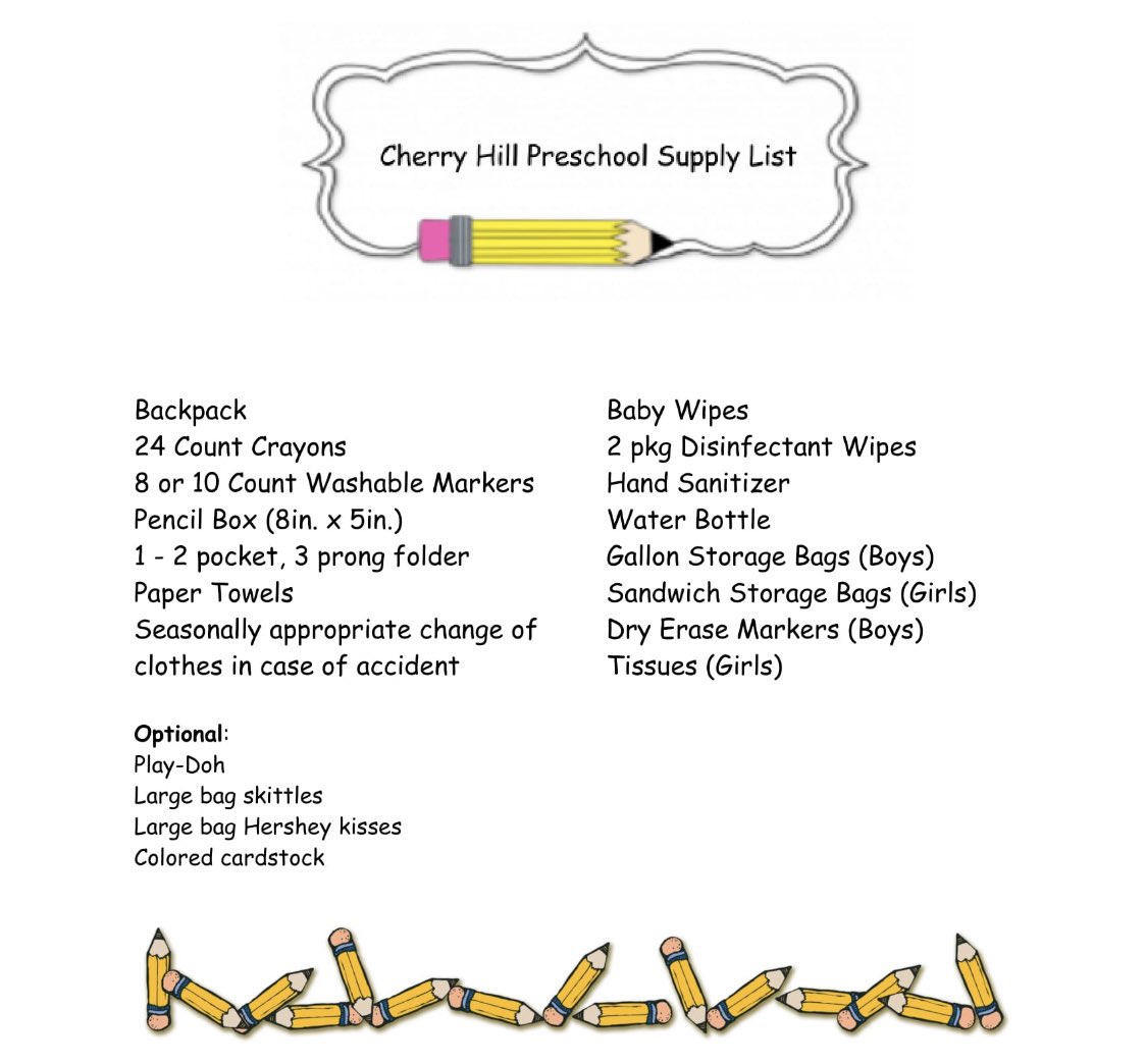 Preschool Supply List for 2022-2023 💙🦁🖍 
For more information about our Preschool at Cherry Hill Primary please visit our building website wchcs.org/cherryhillprim…
#EngageInspireGrow 
#InspireExcellence
#OthersFirst 
#HereWeGrow