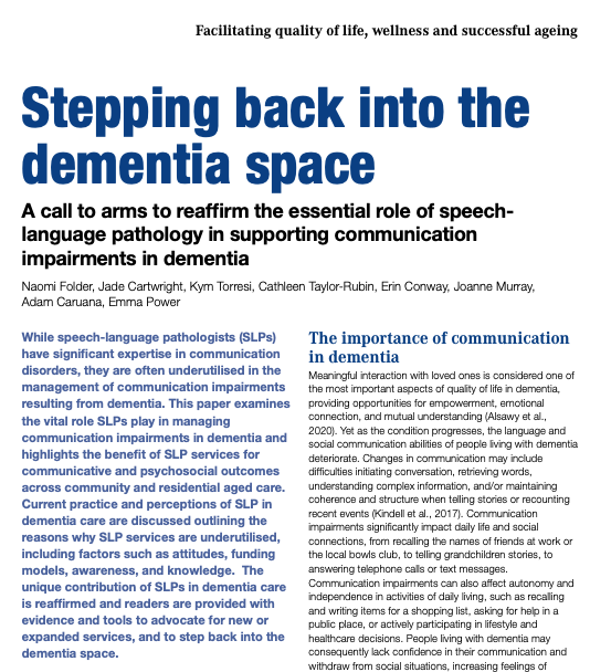 naomijfolder's tweet photo. First paper published in #JCPSLP!🥳 Written with members of the #SPA Dementia CoP advocating for #SLP to step back into the #dementia space in supporting #communication. Also loved reading @JadeCartwright's article highlighting our impact across the dementia journey. Great issue! https://t.co/mqNKcMHFzo