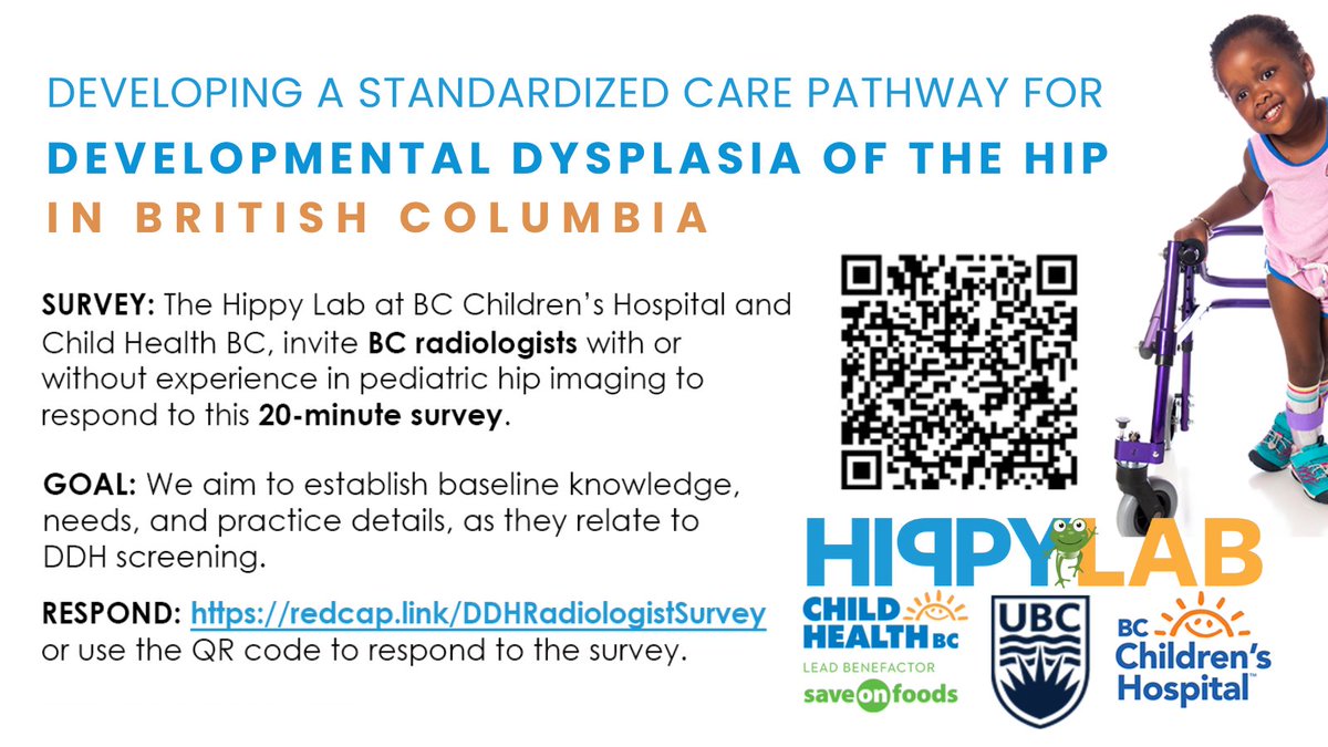 ➡️ Are you a #radiologist practicing in #BritishColumbia? ✅ Participate in a short survey: redcap.link/DDHRadiologist… ⭐Our goal: We aim to establish a baseline for practice, needs, & knowledge for #DDH #screening in #BC. 📩 Please share widely! #Radiology #Imaging #RadiologyBC