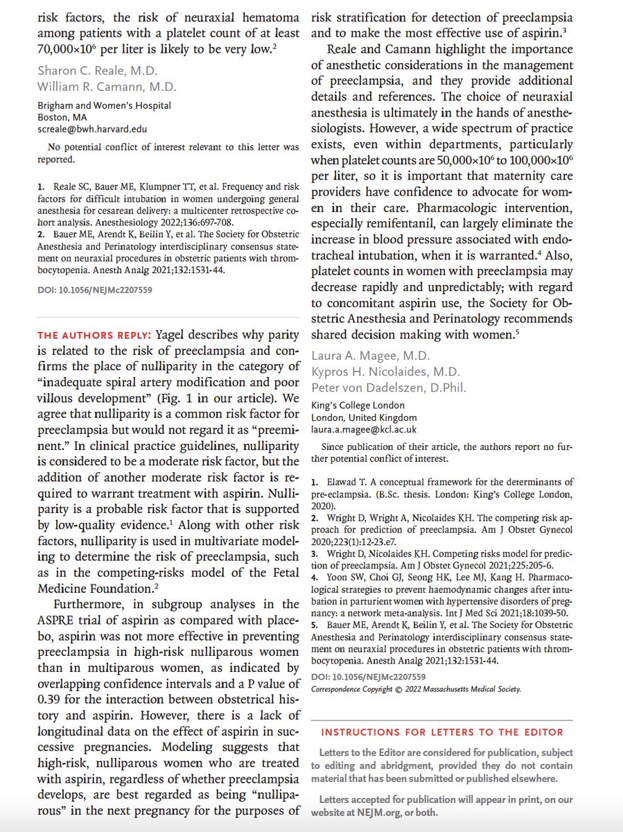 New letter to the editor in NEJM by Sharon Reale and Bill Camann- critical to the management of preeclampsia are multidisciplinary discussions and careful thought put into the anesthetic management of these high risk parturients.