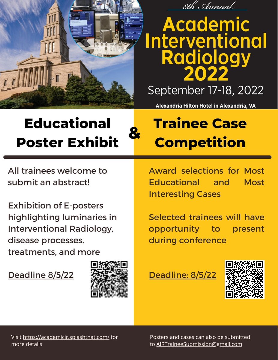 The Academic IR Symposium is returning on Saturday, 9/17/22 and Sunday 9/18/22.

The conference will feature a trainee educational poster exhibit and case competition. Submit your abstract and case today!

Visit academicir.splashthat.com for submission instructions and registration
