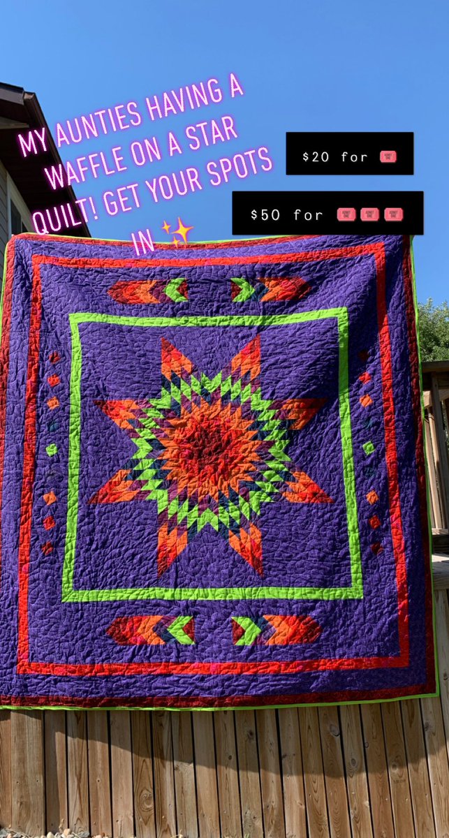 taylarosec's tweet photo. My auntie is having a waffle on a king size star quilt! $20 for one spot or $50 for 3 spots #wraffle #raffle #starquilt #NativeAmerican #nativetwitter #indigenous #nativestarquilts #SmallBusiness #indigenousmade #nativemade https://t.co/espVhBqCtU