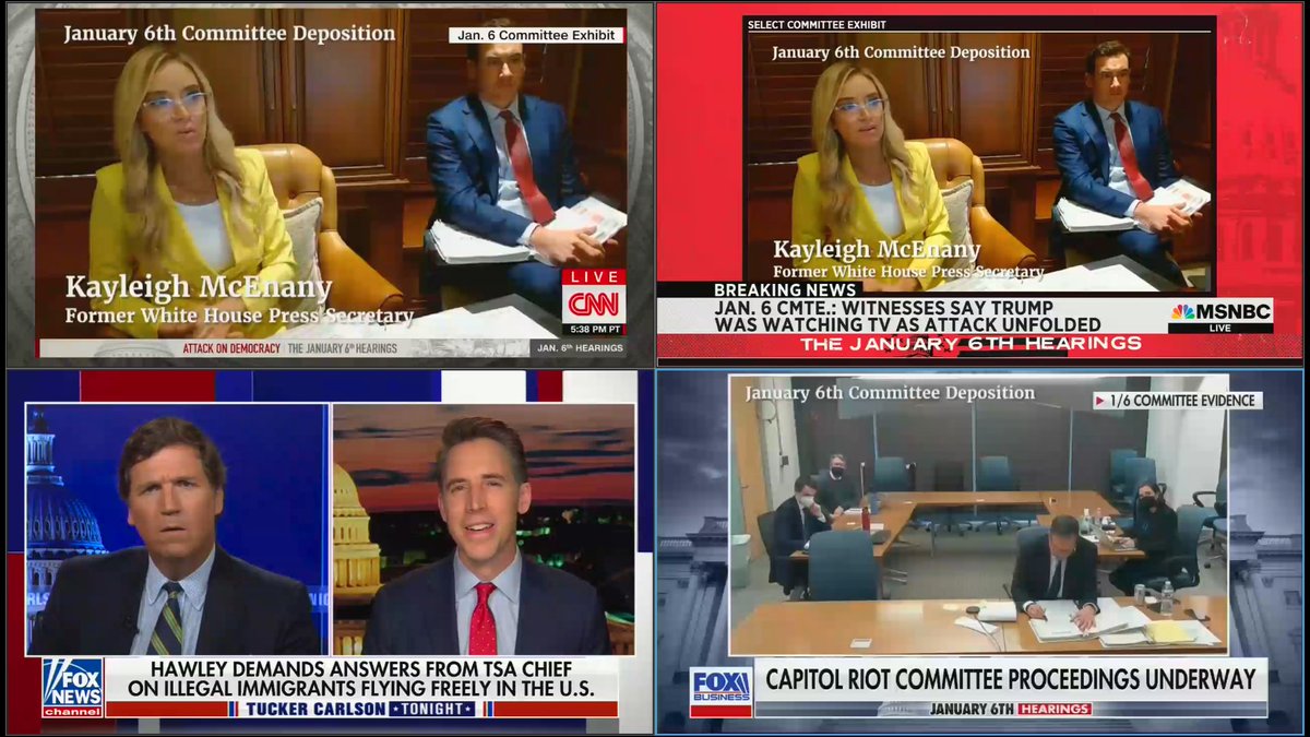 MattGertz's tweet image. Other networks -- but not Fox -- are carrying testimony from Fox employee Kayleigh McEnany.