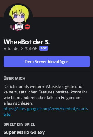 VBos_VBot's tweet image. Willkommen VBot der 2! Manchmal braucht&apos;s mehr Party als man gedenkt👀

Prefix: B

Zur Zeit biete ich keinen Link an, man kann ihn aber über meinen Discord Server via das Botprofil selber einladen.
(Lasst mir die Werbung dafür, dass der Bot free ist qwq)

discord.gg/Wwbremh