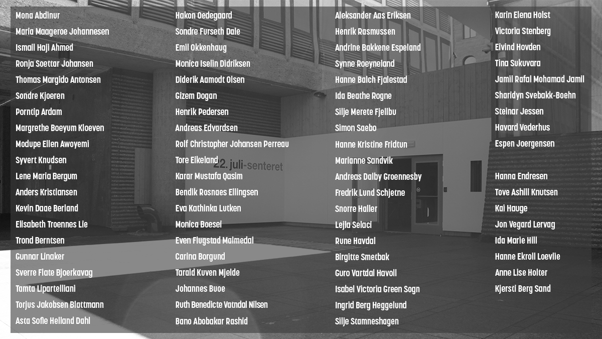 Heute, am 22. Juli, gedenken wir der 77 Menschen, die 2011 in #Oslo und auf der Insel #Utøya durch einen Rechtsterroristen ermordet wurden und sind in Gedanken bei allen Menschen, die an dem Tag Angehörige verloren haben, selbst verletzt oder traumatisiert wurden.
#KeinVergessen