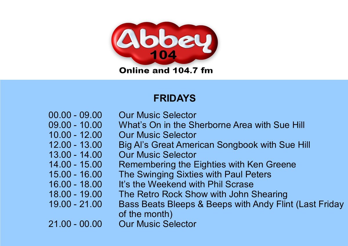 Lots to enjoy here on your local community radio station Abbey104 today.
Join our fabulous Friday team of volunteer presenters, who would love to have your company.
We broadcast from the very heart of Sherborne, every single day of the year.
Online abbey104.com👈