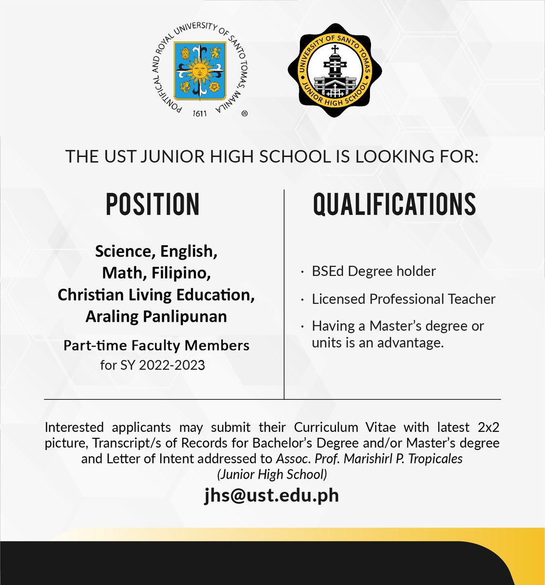 UST1611official's tweet photo. The UST Junior High School is looking for faculty members for the Academic Year 2022-2023.

#JobsAtUST https://t.co/QtSA3GgTHR