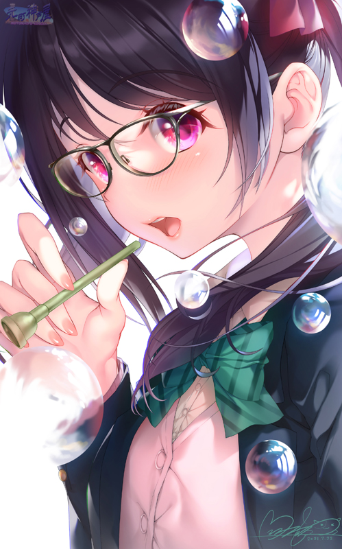 yazawa nico 1girl solo glasses jacket open mouth looking at viewer black hair  illustration images