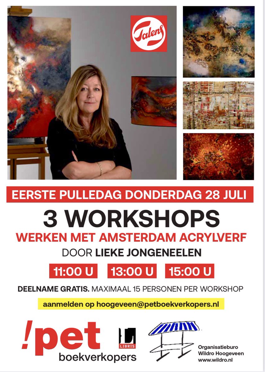 ToniMelenhorst's tweet photo. Volgende week is de eerste Pulledag en dan verwelkomen we Lieke Jongeneelen van Talens. Lieke geeft enkele workshops over de techniek achter het schilderen met acryl. Zin om mee te doen? De workshops zijn gratis. !pet boekverkopers Hoogeveen. hoogeveen@petboekverkopers.nl https://t.co/ouYimHPRQJ