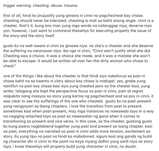 deltameii's tweet photo. kakatapos ko lang basahin the cheater so here are my thoughts about the story.

the cheater by @thexwhys 
trigger warning. cheating. abuse. trauma. https://t.co/oZFFwBSHCG