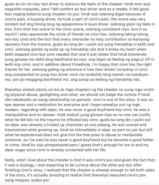 deltameii's tweet photo. kakatapos ko lang basahin the cheater so here are my thoughts about the story.

the cheater by @thexwhys 
trigger warning. cheating. abuse. trauma. https://t.co/oZFFwBSHCG