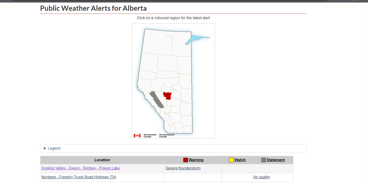 ECCC Severe Thunderstorm Warning in effect for forecast areas. For location details visit: weather.gc.ca/warnings/index… (11:40pm) #ABRoads #ABStorm