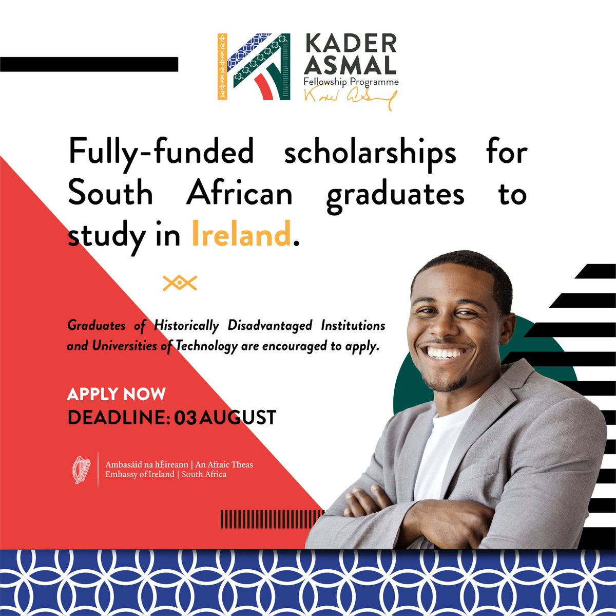 The Kader Asmal Fellowship Programme is a fully-funded scholarship for students from 🇿🇦 who show leadership potential to develop their skills & knowledge. Find out if you could become one of our fellows in 2023. Apply now: bit.ly/3am44bY #Opportunity #StudyInIreland