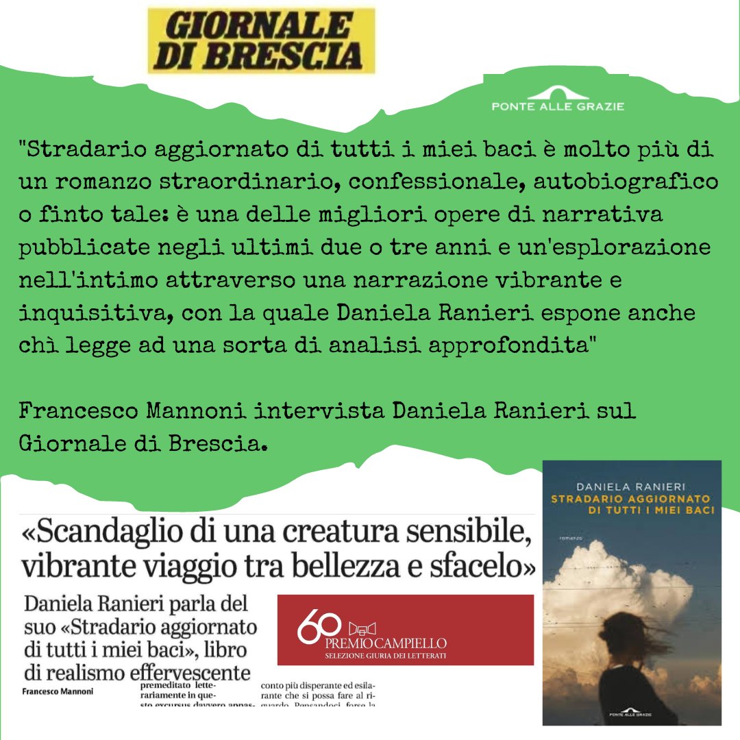 Ponte alle Grazie (@ponteallegrazie) on Twitter photo "Stradario aggiornato di tutti i miei baci è molto più di un romanzo straordinario, confessionale, autobiografico o finto tale: è una delle migliori opere di narrativa pubblicate negli ultimi due o tre anni" Francesco Mannoni intervista <a href="/danielaranieri/">Daniela Ranieri</a> <a href="/PremioCampiello/">Premio Campiello</a> "Stradario aggiornato di tutti i miei baci è molto più di un romanzo straordinario, confessionale, autobiografico o finto tale: è una delle migliori opere di narrativa pubblicate negli ultimi due o tre anni" Francesco Mannoni intervista <a href="/danielaranieri/">Daniela Ranieri</a> <a href="/PremioCampiello/">Premio Campiello</a>
