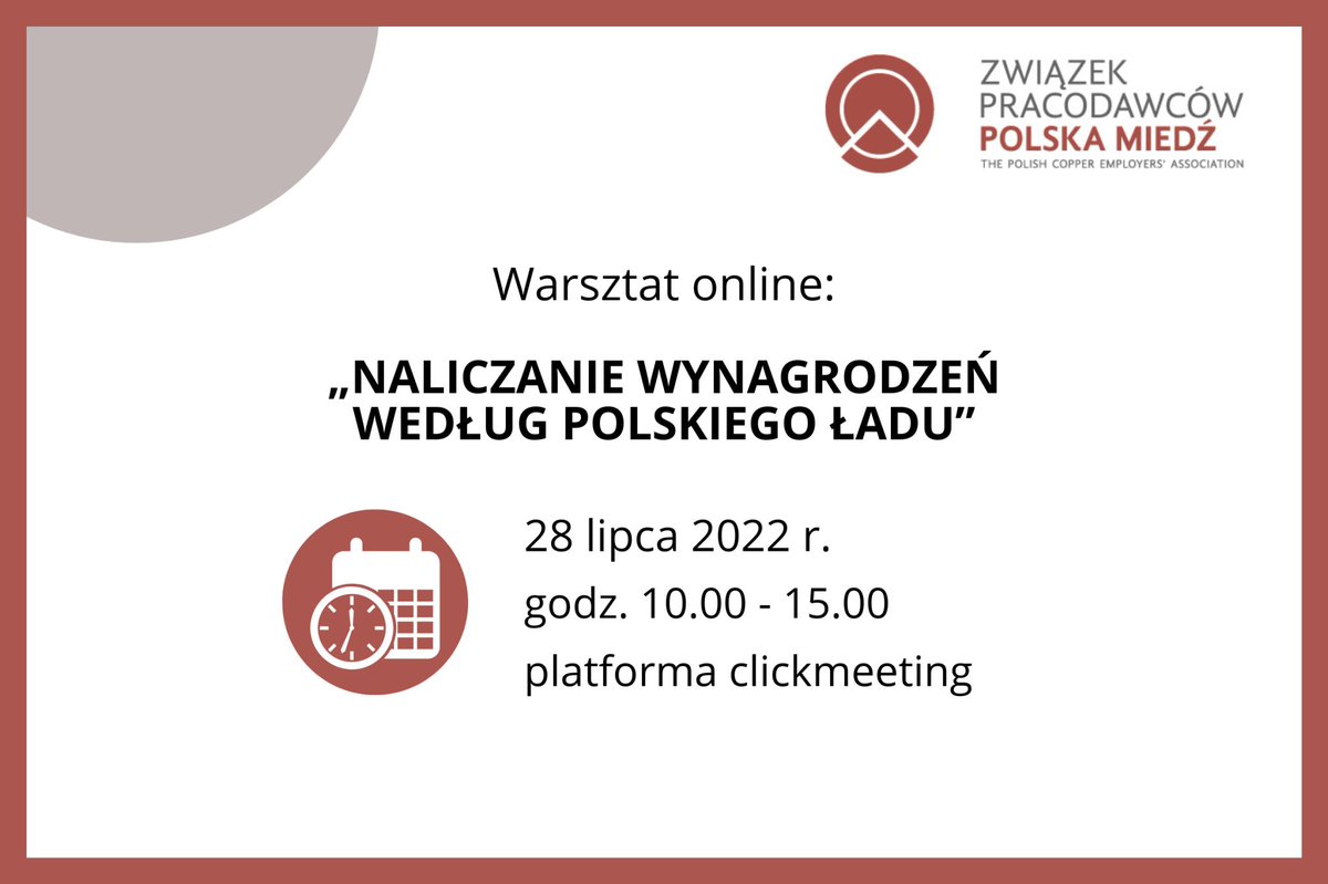 Pracodawcy_PL's tweet photo. Już 28 lipca 2022 r. odbędzie się warsztat online : „NALICZANIE WYNAGRODZEŃ WEDŁUG POLSKIEGO ŁADU”.
#zppm #warsztatonline #naliczaniewynagrodzeń #polskiład
https://t.co/mfgvFbalOX https://t.co/58KISGeKc9