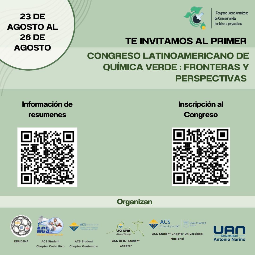 AcsNacional's tweet photo. Te invitamos al primer Congreso Latinoamericano de Química Verde: Fronteras y Perspectivas. 

Organizado en colaboración con capítulos estudiantiles de la ACS en toda Latinoamérica🌱🧪 https://t.co/tjOE812HFq