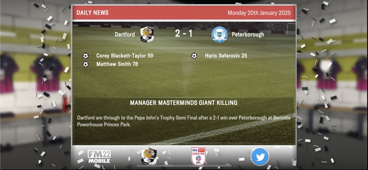 Mr_ManagerFM's tweet photo. “There are no words for the pride I am feeling in this team at this moment. We knew this would be a tough battle, so when we went down a goal I was sure the boys would continue to battle! A semifinal is upon us, @dartfordfc!” #FMM22 #FootballManager #FM22Mobile https://t.co/ZJVgSl9W4x