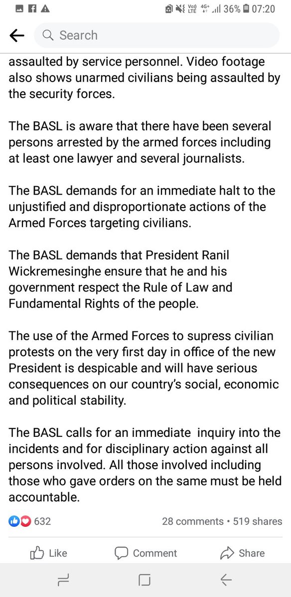 The BASL condemns the attack by the forces on protestors. It is a black day for the country. The attacks happen on the first day in office of the new President. Shame!!