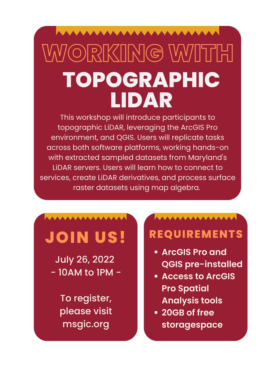 MSGIC_MD's tweet photo. Please join us next week as we continue our TUgis training series! This session we will be discussing working with topographic LiDAR in ArcGIS Pro and QGIS. To register, please visit our website or click the link below:
https://t.co/BnmoG1WwVT https://t.co/iRDMQYsdam