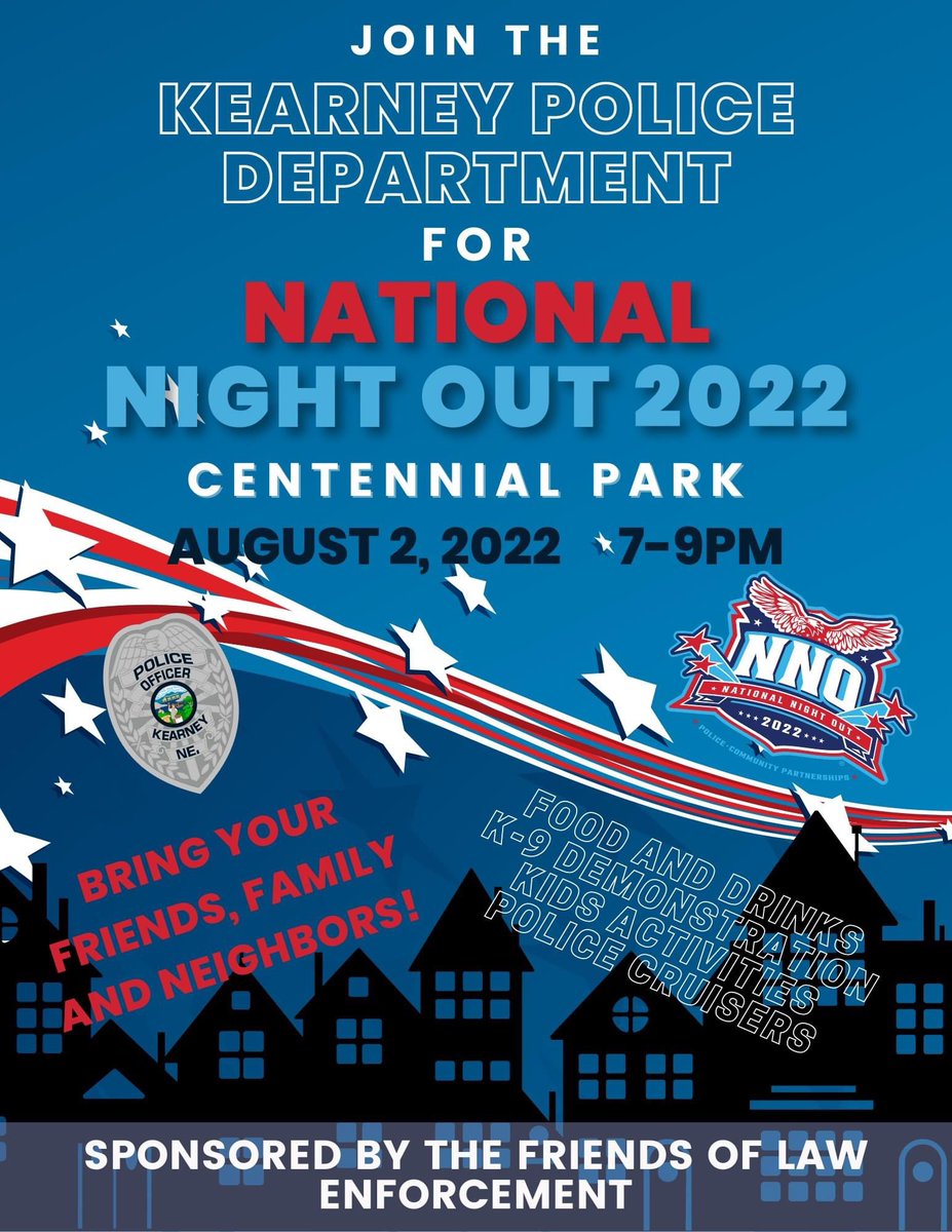 Kearney Police Dept (@kearneypolice) on Twitter photo Join us for #NationalNightOut August 2 <a href="/CityofKearney/">City of Kearney, NE</a> Centennial Park. Food while supplies last from our Citizens Police Academy Alumni Assoc. We’re also partnering w/ the Friends of Law Enforcement for fun activities & a walk against crime at dusk w/ complimentary glow sticks! Join us for #NationalNightOut August 2 <a href="/CityofKearney/">City of Kearney, NE</a> Centennial Park. Food while supplies last from our Citizens Police Academy Alumni Assoc. We’re also partnering w/ the Friends of Law Enforcement for fun activities & a walk against crime at dusk w/ complimentary glow sticks!