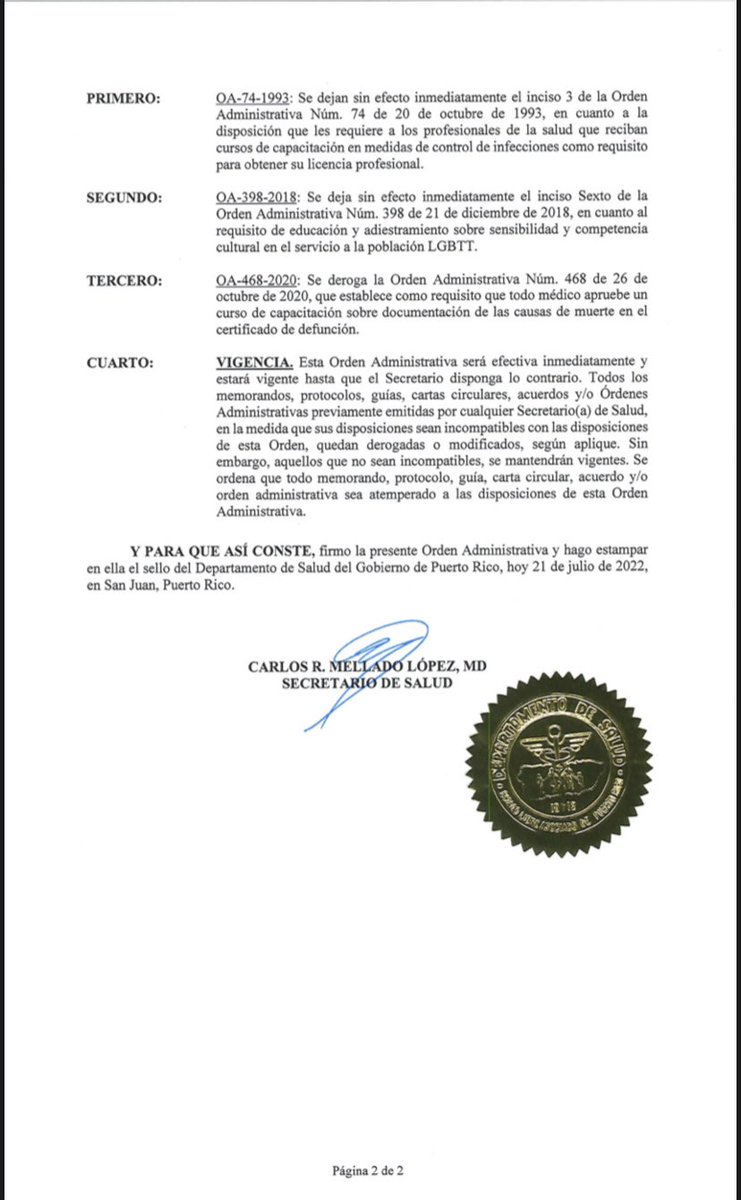 MariolaPR's tweet photo. En medio de una pandemia y 2022 con contagio desmedido el Depto de Salud por medio de Orden Administrativa:
• Deja SIN EFECTO el requisito de la CAPACITACIÓN de profesionales de la salud en MEDIDAS de CONTROL de INFECCIONES como requisito para obtener licencia profesional.
🤔😒 https://t.co/M4AKr1TPw9
