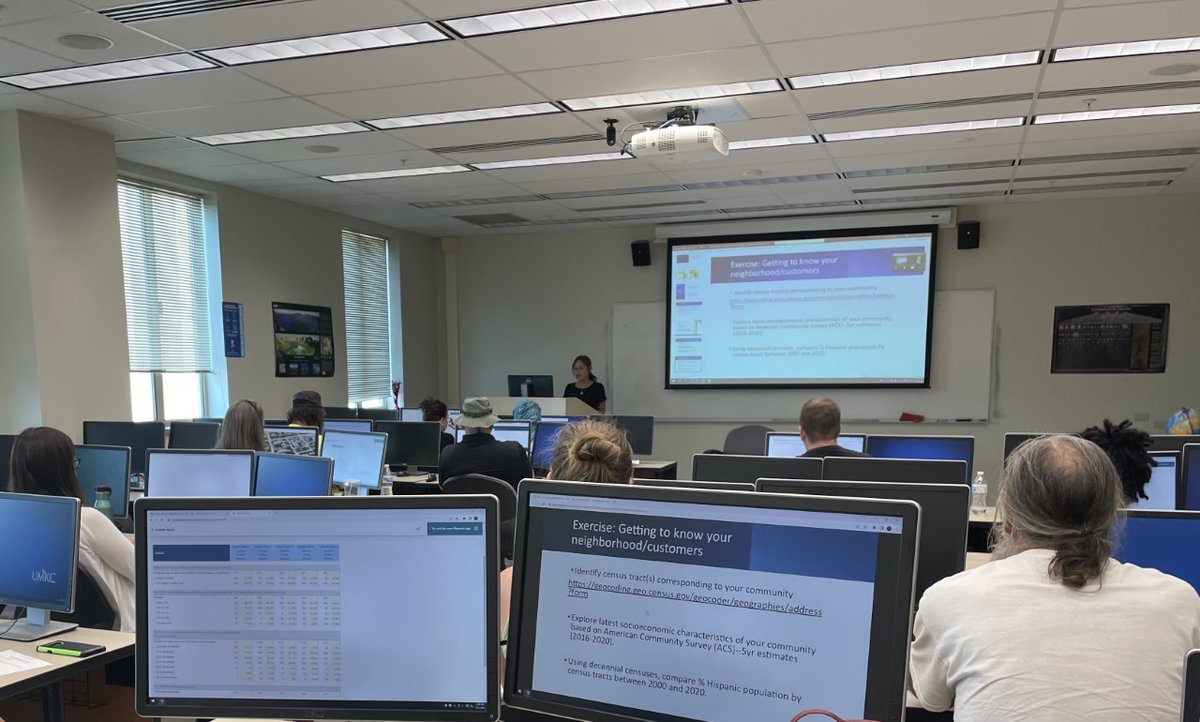 CaerUmkc's tweet photo. Our Smart Agricultural Entrepreneurship (SAgE) trainees enjoyed learning from Dr. Sookhee Oh about how to use GIS tools to support the success of their #urbanfarming businesses. @UMKC_EarthEnv 
#entrepreneurship #farming #community #localfood #urbanagriculture #agripreneurs https://t.co/E18OjEmJFu