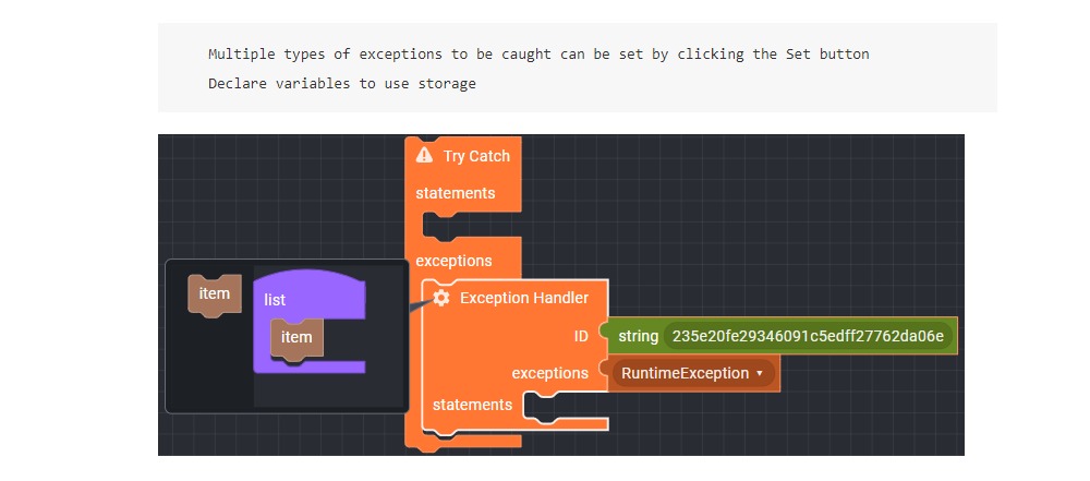 SyncTree_Studio's tweet image. 💡#SyncTree Block Introduction
[Exception] Try Catch
: Multiple types of exceptions to be caught can be set by clicking the Set button
:Declare variables to use storage
✔ bit.ly/3voAGJN
✔ Find out more and free to try: bit.ly/3xIFhIt
#Nocode #Backend #API