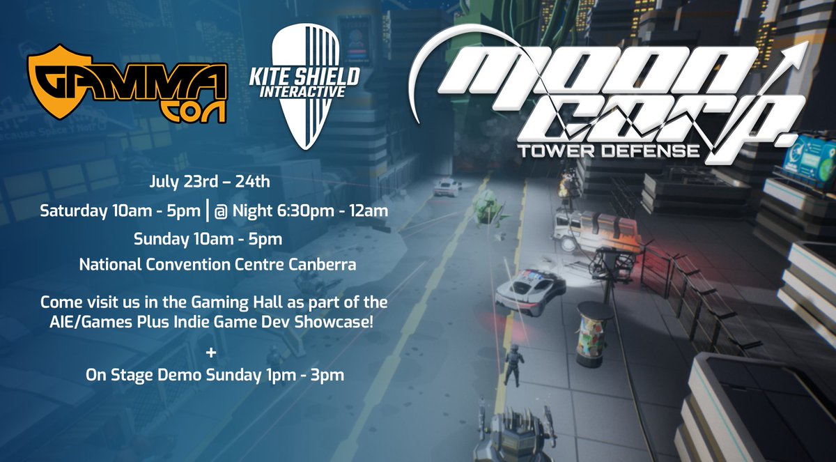 Kite Shield Interactive is at <a href="/GAMMACON/">GAMMA.CON</a>  This weekend! Come and play the Moon Corp. Demo as part of the <a href="/AIEedu/">Academy of Interactive Entertainment (AIE) RTO 880</a> / <a href="/workatgameplus/">Game Plus - coworking for game dev & tech</a> Indie Game Dev Showcase!

#GAMMACON2022 #WeAreCBR  #indiegamedev #MoonCorpTD #TowerDefense #gamedev