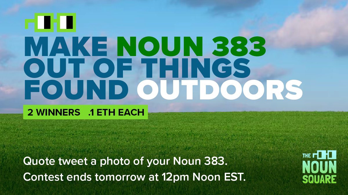 #NounSquare Daily #Contest: Touch Some Grass…Literally!

🌱Make Noun 383 🐼 out of items found OUTDOORS

📢 QT it here

🚶 Follow <a href="/noun_o_clock/">Noun O’ Clock Live</a>
 
❎ Deadline Noon EST tomorrow