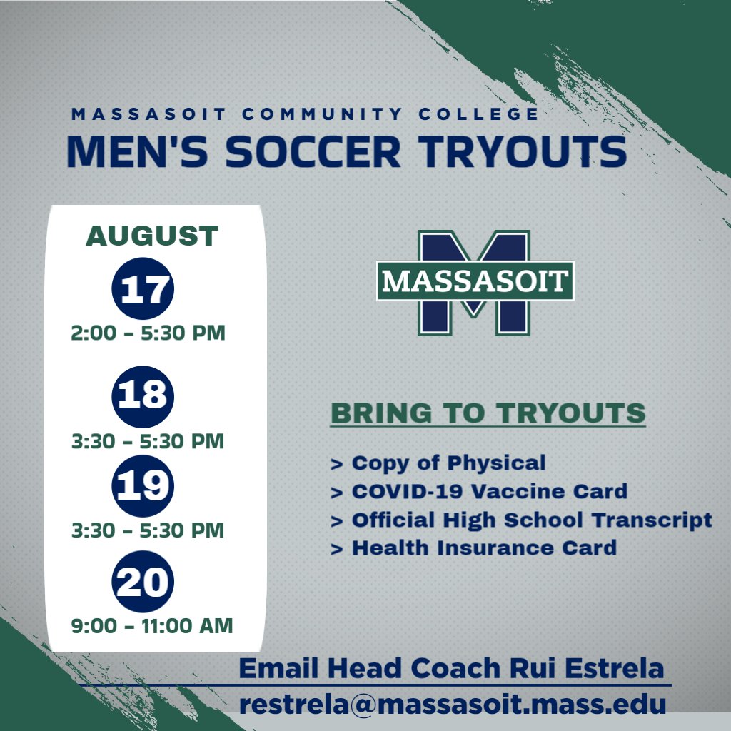Men's Soccer Announces Tryout Dates

Contact Head Coach Rui Estrela with questions at restrela@massasoit.mass.edu

@MassasoitTweets <a href="/BrocktonSports/">Brockton Enterprise sports</a>