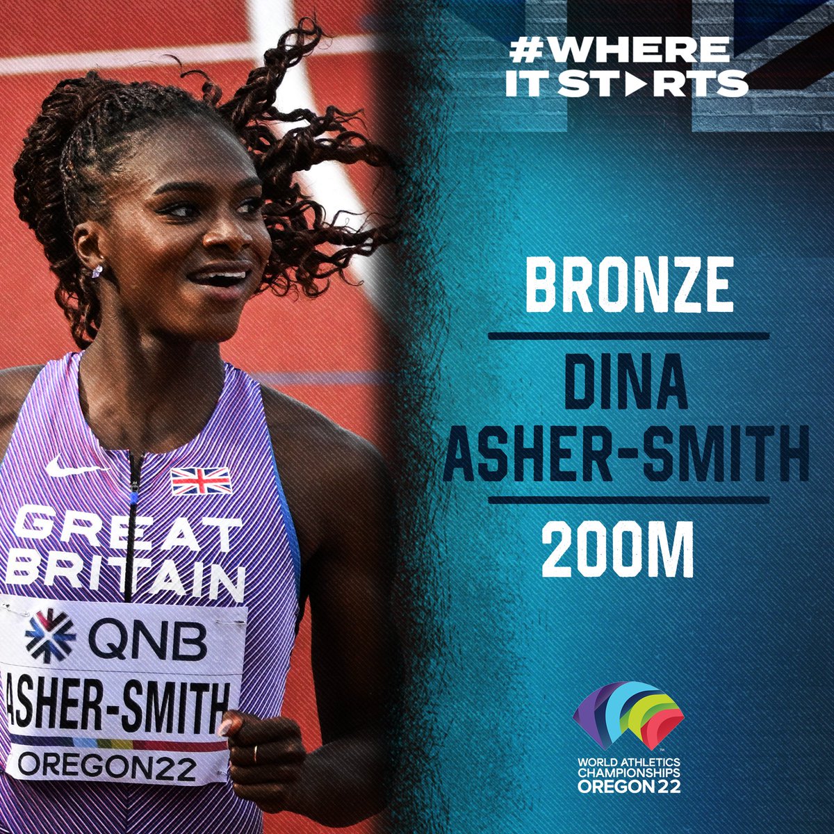 BritAthletics's tweet photo. BRONZE FOR DINA 🥉

@dinaashersmith clocks a 22.02 in the 200m final...

Proud ❤️

#WorldAthleticsChamps #WhereItStarts #WCHOregon22 https://t.co/JiITBnkVBt