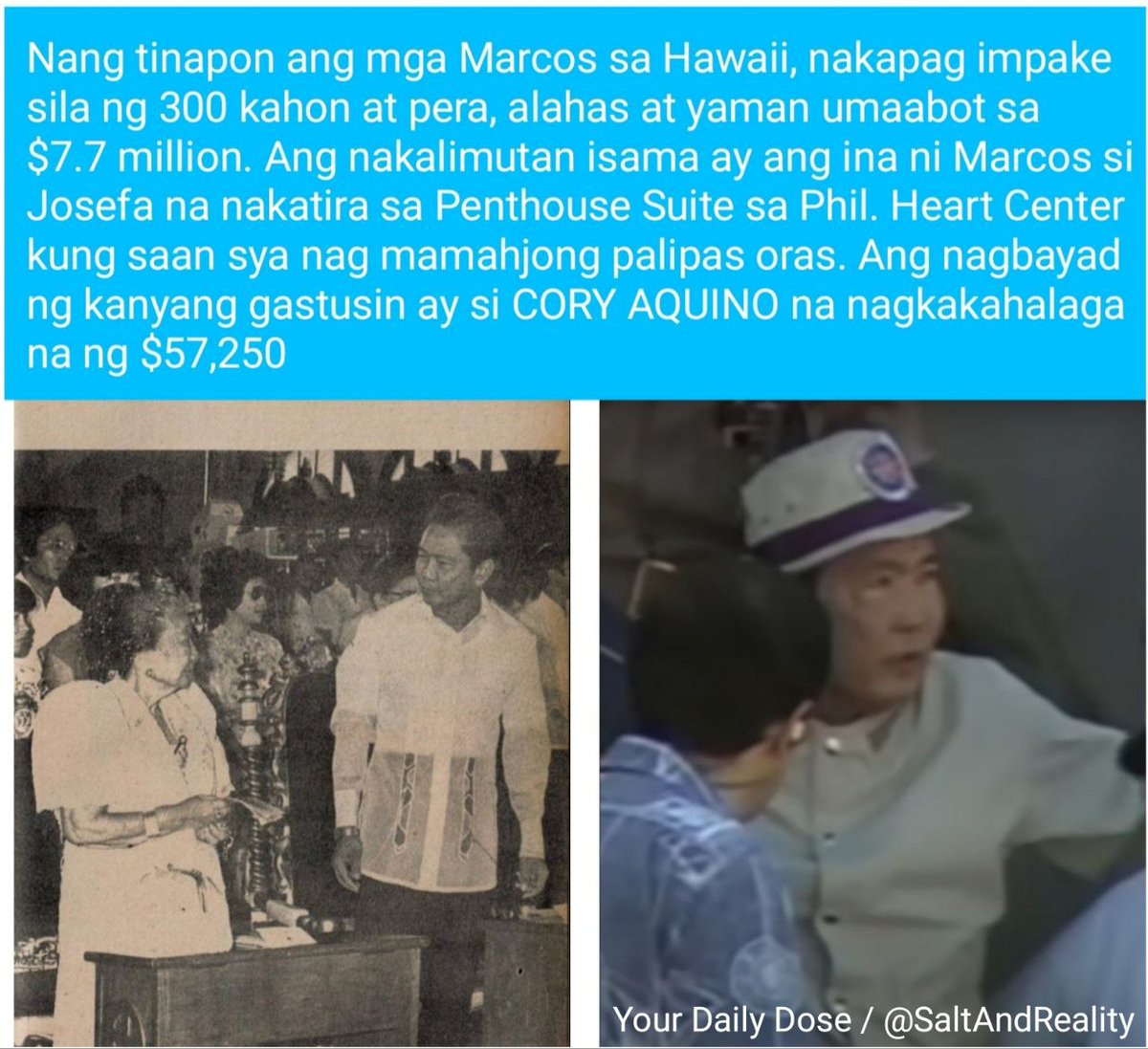 SaltAndReality's tweet photo. When the Marcoses was exiled to Hawaii, they had time to pack 300 crates &amp; $7.7 Million in Cash, Jewelry &amp; valuables. Forgotten was Marcos' mother Josefa who stays in the Penthouse Suite of the Heart Center. For humanitarian reasons, CORY AQUINO paid her bills running $57,250 https://t.co/k0rZwwZ9Ph