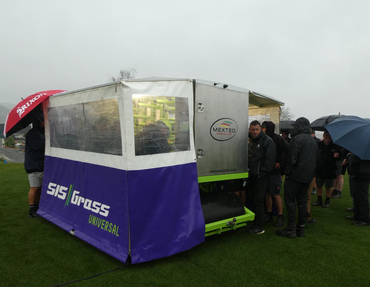 MextedS's tweet photo. MAKING A SPLASH! It was a wet 'reveal' for Mexteds' new SIS Grass stitching machine at @NZCIS in Trentham this week, at the Wellington Turf Managers Assoc. field day. The machine will be on the job next week at David Farrington Park, home of @MRAFC1907, stitching goal mouths. https://t.co/QiV7jfAwVa
