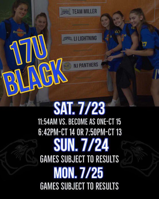 Excited for my last aau tournament in Orlando, Florida with my 17u black NJ panthers team!! here is my schedule 💙💛
<a href="/nj_panthers/">NJ Panthers</a>