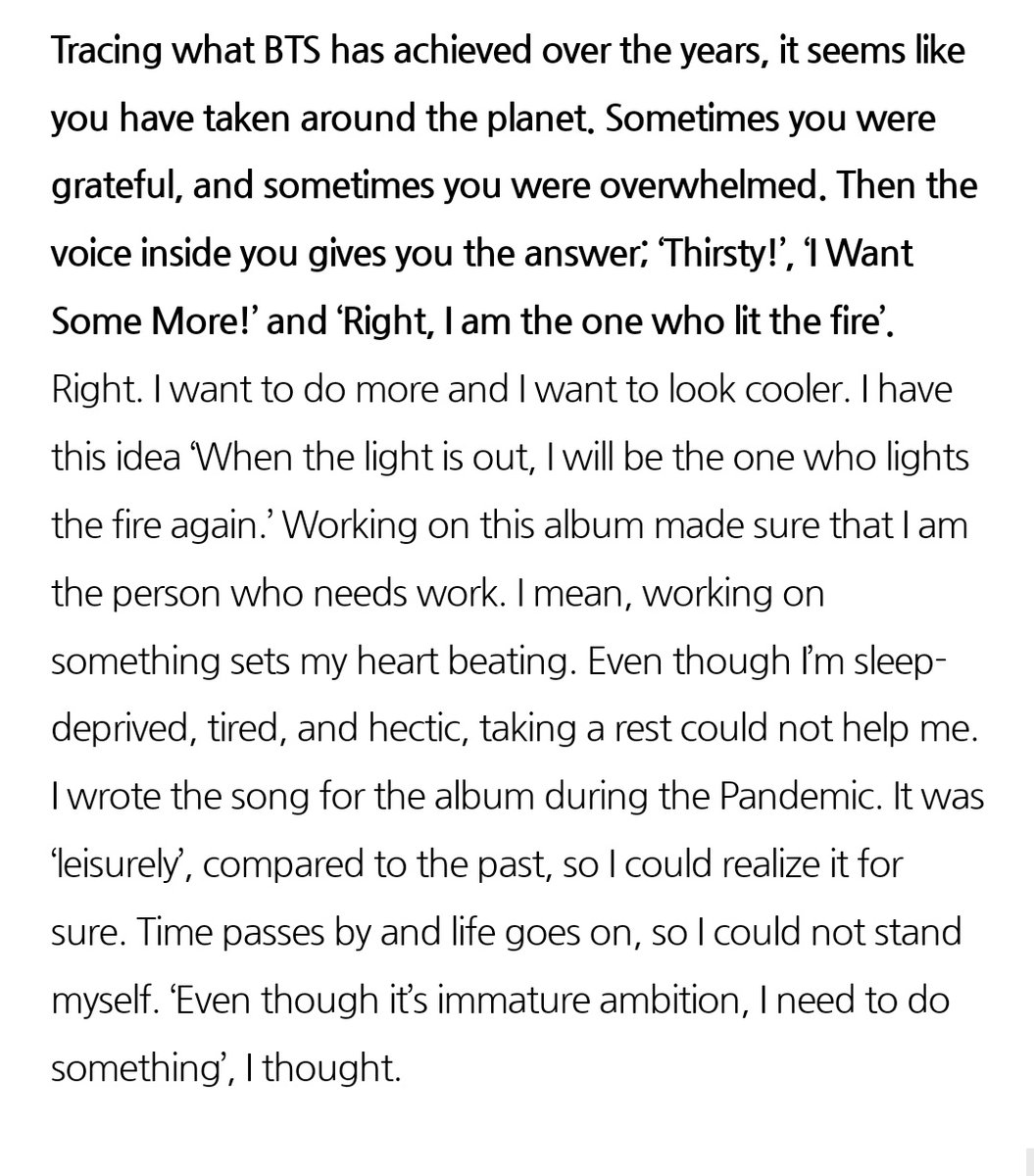 <a href="/wkorea/">W Korea</a> "When the light is out, I will be the one who lights the fire again.’ Working on this album made sure that I am the person who needs work. I mean, working on something sets my heart beating. Even though I’m sleep-deprived, tired, and hectic, taking a rest could not help me"