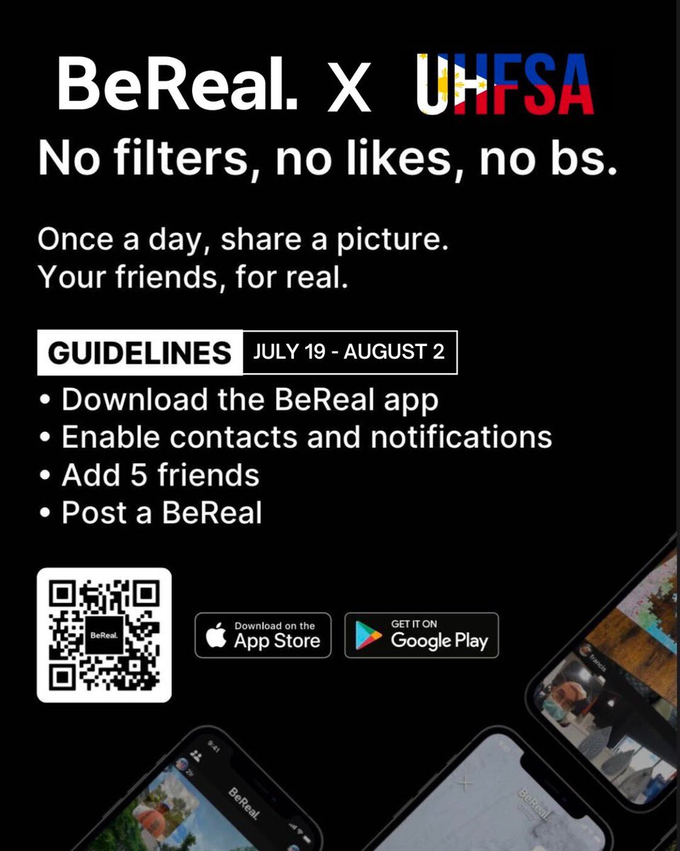 UHFSA's tweet photo. Hey everyone!🇵🇭

UHFSA is partnering with @bereal_app from July 18-Aug 2nd to fundraise money for this upcoming school year! If you don’t have one already, now is the perfect time to join BeReal and stay in touch with your friends everyday! 📱📷

https://t.co/zARky1Z6bF https://t.co/l2k6Q2soBp