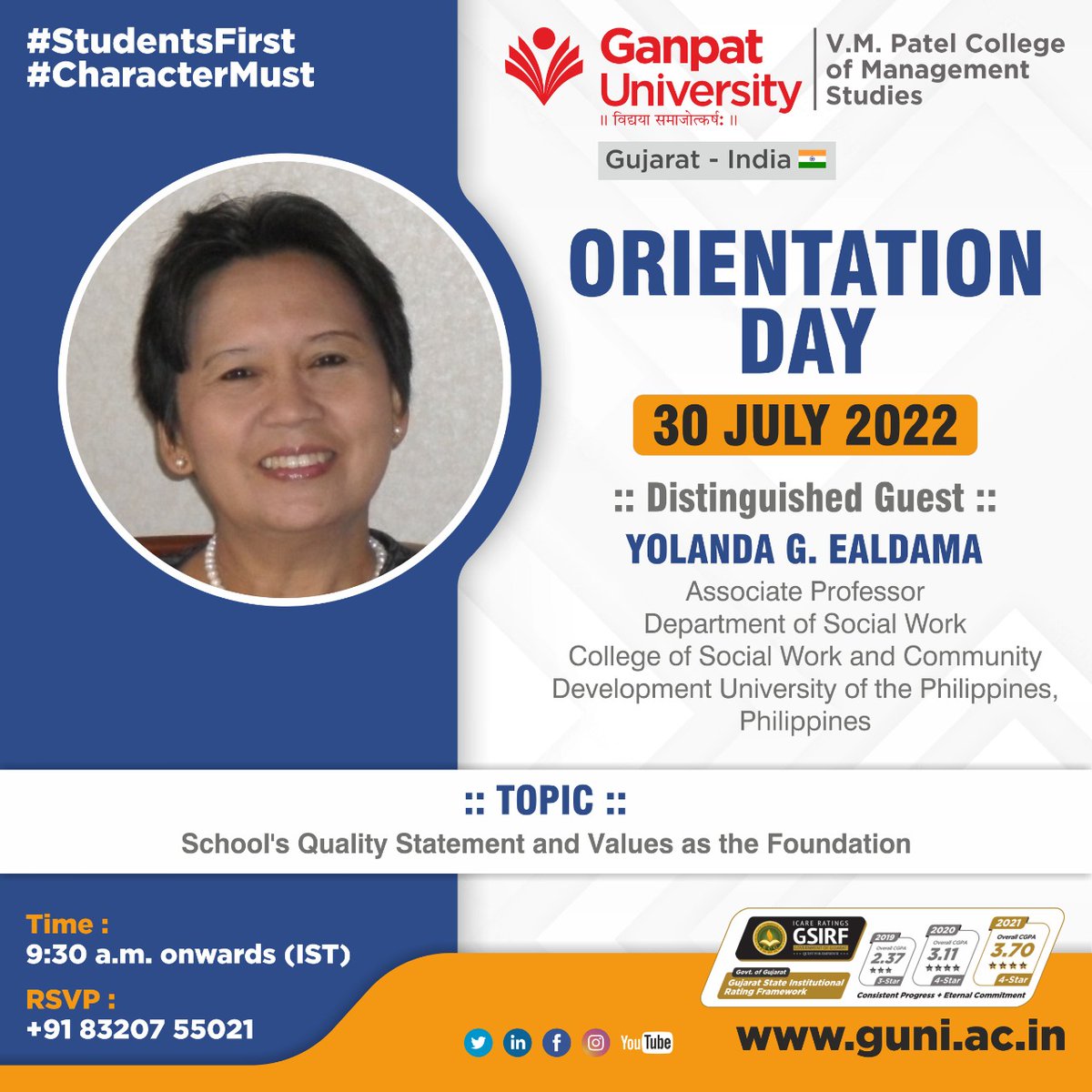 VMPCMS_GNU's tweet photo. Ganpat University - V. M. Patel College of Management Studies feels incredibly honoured to have distinguished guests with us for the Orientation Program to address the 2022 batch on Saturday, 30 July, 2022.
#GanpatUniversity
#GUNI #VMPCMS #GUNI_VMPCMS https://t.co/TbLsvtipUY