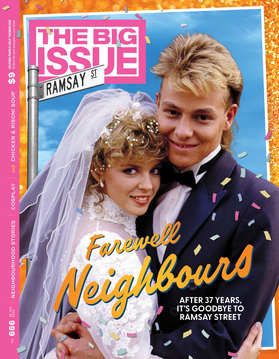 thebigissue's tweet photo. NEW EDITION! Love thy @neighbours? Buy thy latest Big Issue! As the TV soap wraps up, we take a tour of Ramsay Street, go behind-the-scenes of the finale, and look back at the show that launched the careers of @kylieminogue, @JDonOfficial, @russellcrowe, Margot Robbie and more… https://t.co/2cAZ7HRjSG