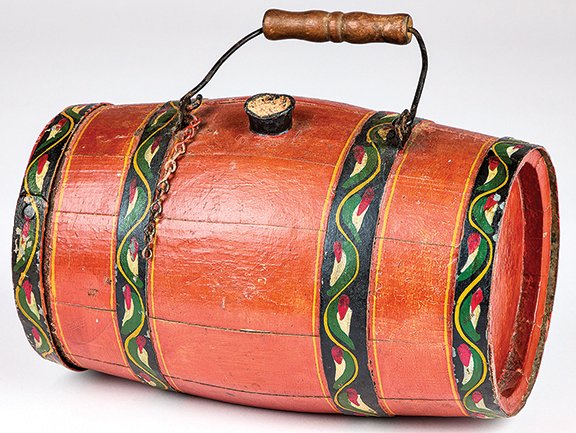 AntiqueDigest's tweet photo. Joseph Lehn (1798-1892), Lancaster, Pennsylvania, rare painted keg with vine-decorated iron straps and a salmon ground, 7" x 11", sold for $11,780 (est. $2000/3000) at @pookandpook https://t.co/npz2BoTvp9 #antiques #antique #art #artist #Americana #Pennsylvania #Lehn #folkart https://t.co/mSMKLw44YB