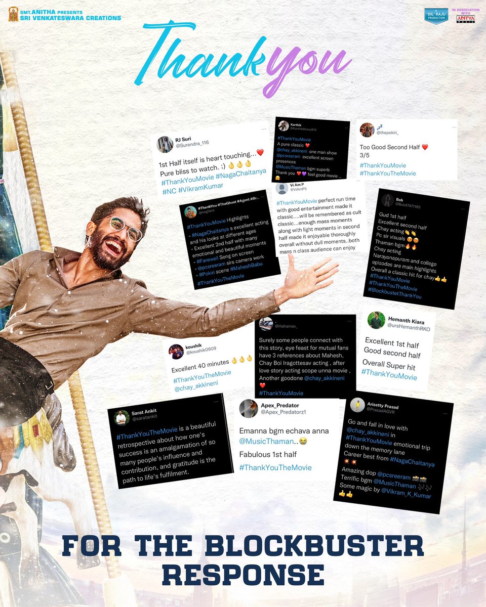 SVC_official's tweet photo. #ThankYou all for the Blockbuster response from special premier shows💕 

Witness the magical journey of Abhiram In cinemas near you

#ThankyouTheMovie
https://t.co/AefA4kD1Tu
https://t.co/wPSUet4BQn

@chay_akkineni @RaashiiKhanna_
@Vikram_K_Kumar @MusicThaman @pcsreeram @BvsRavi https://t.co/fpuXhNohGt