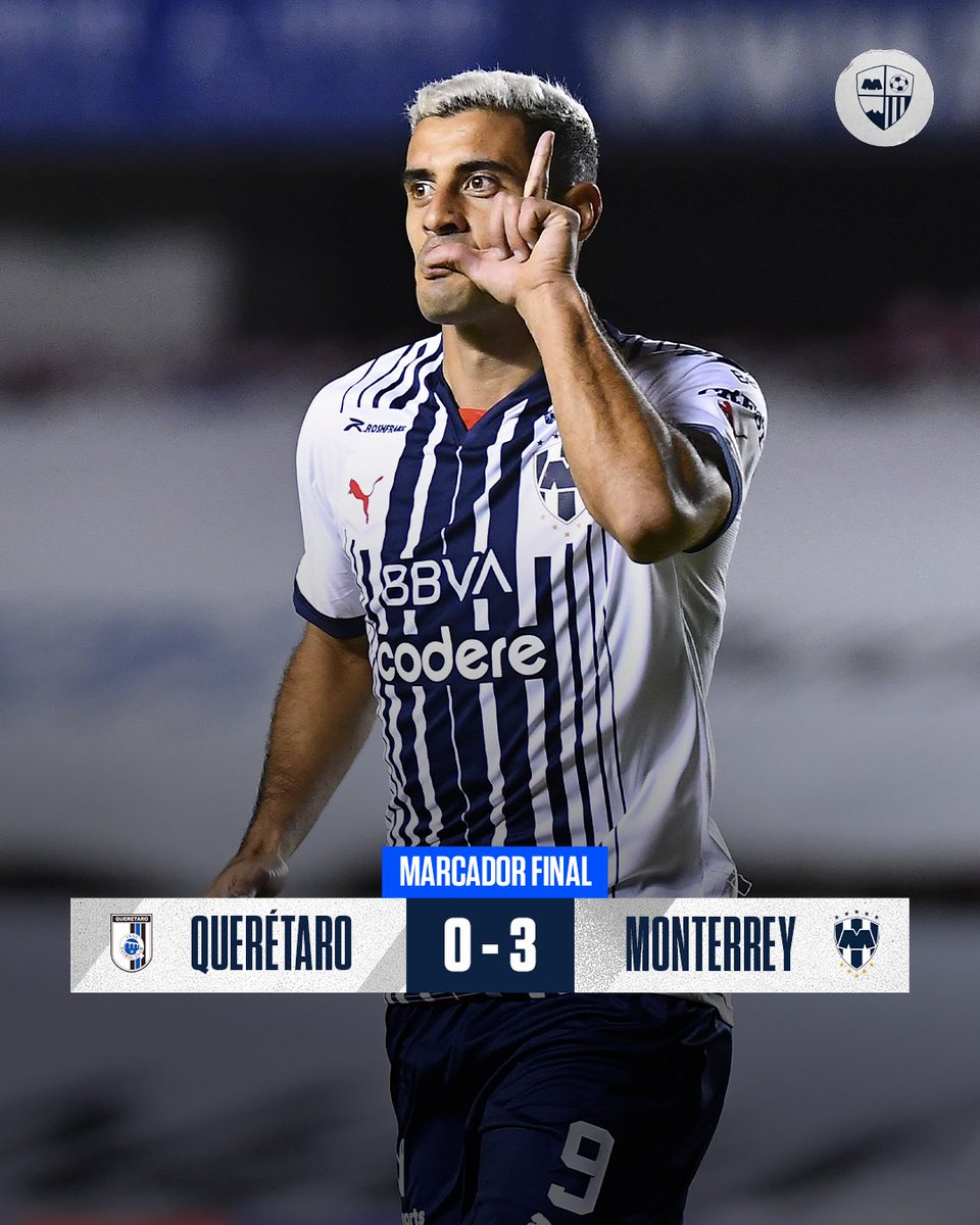 dlptlv's tweet photo. 90’ QRO 0-3 MTY | ¡GANÓ EL MONTERREY! Los Rayados golean a Querétaro con goles de Funes Mori, Berterame y Gallardo. ¡LÍDERES MOMENTÁNEOS! ¡VAMOS POR MÁS CARAJOOOOO! 🔵⚪️ https://t.co/Vza8WBJ71b