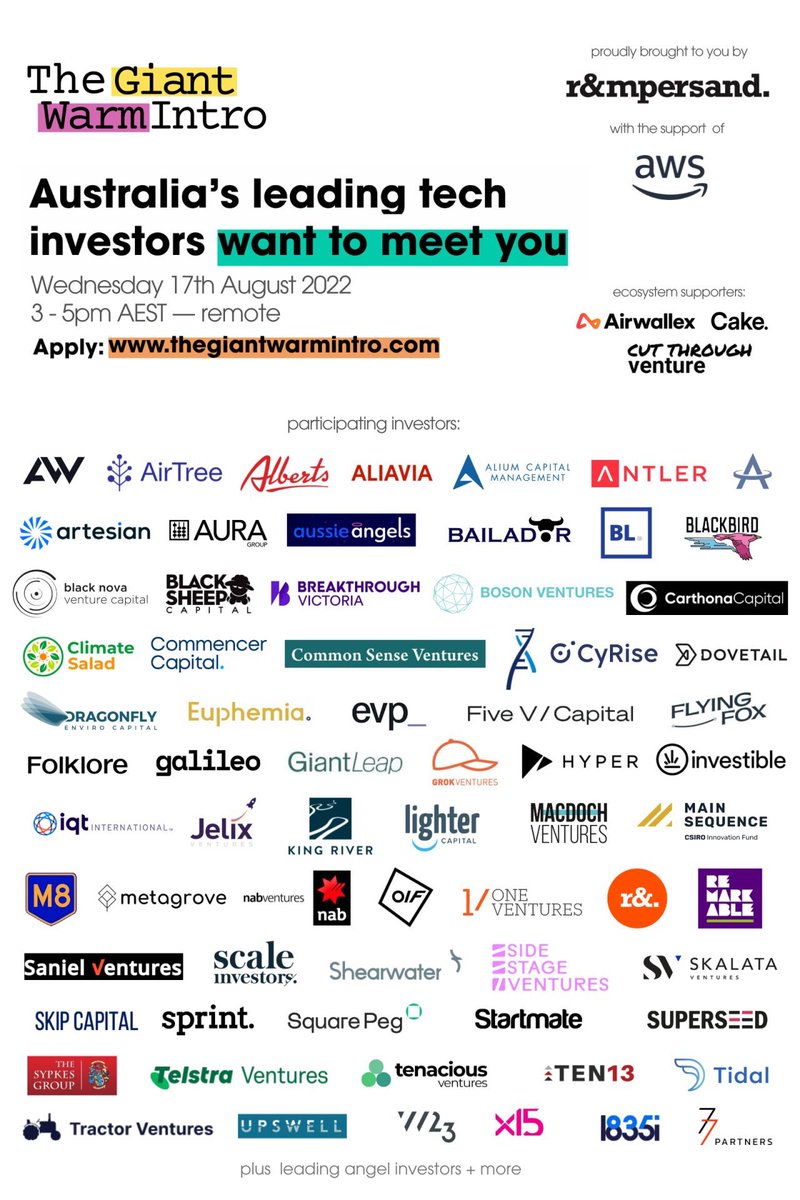 Meet Artesian's <a href="/Ananya__1997/">ananyasinha.eth</a> <a href="/DavidSpencer04/">David Spencer</a> Will Smith &amp; <a href="/KBernhardt17/">Kirsten Bernhardt</a> at The Giant Warm Intro 7/8. Ask for advice, test your pitch, or find out about the fundraising process in a supportive &amp; collaborative environment. Applications close 27/7
Apply here thegiantwarmintro.com